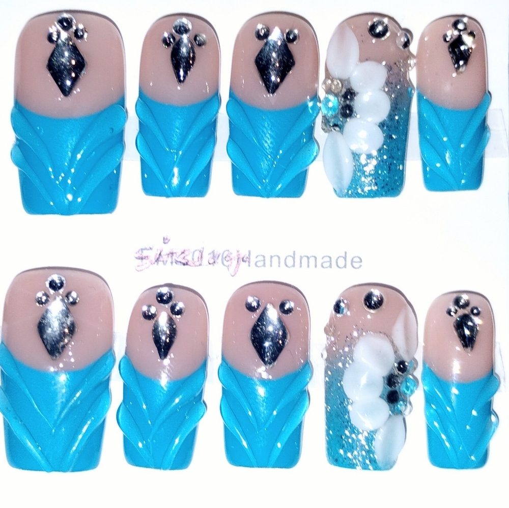 Blue and Nude Press-On Nails with Rhinestones